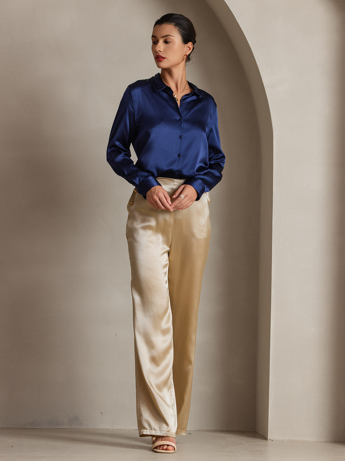 [أزرق غامق] SilkSilky-SA الحرير الأكمام الطويلة الياقة بلايز نسائية 006