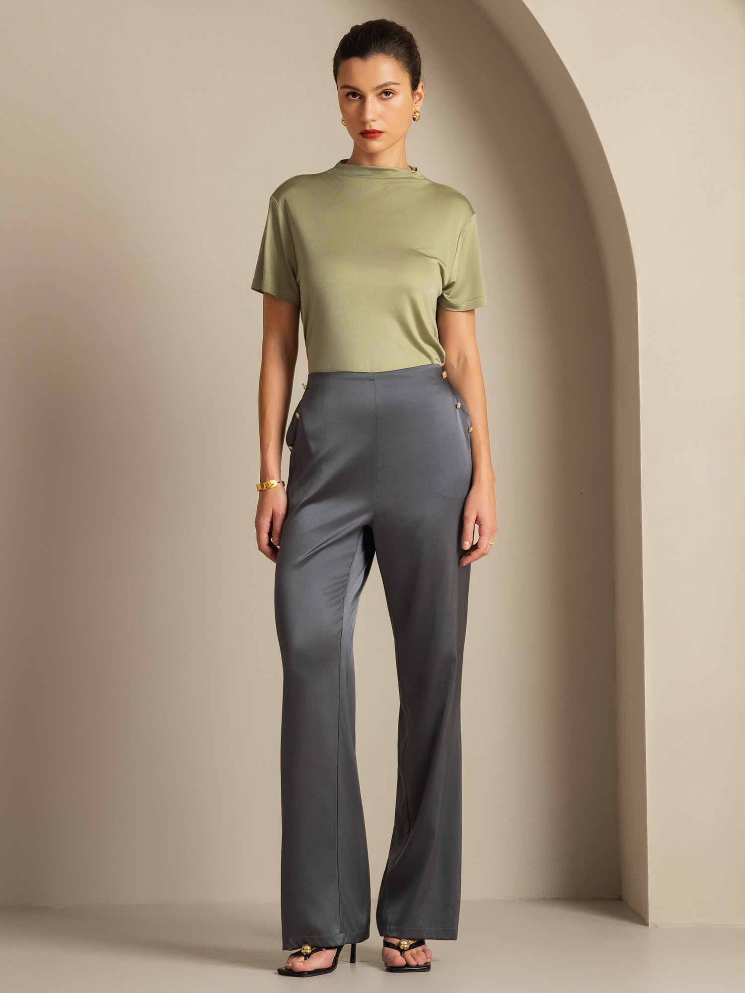 [الرمادي الداكن] SilkSilky-SA 19Momme الحرير Womens Pants 008,