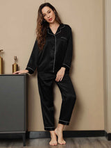 [أسود] SilkSilky-SA Long Sleeve Lapel Collar طقم بيجامة نسائي 004