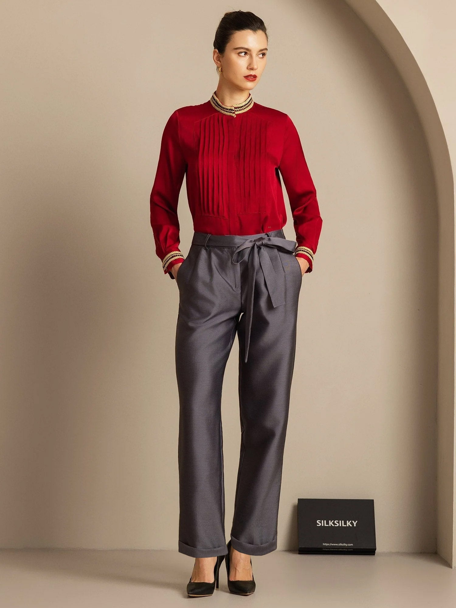 [رمادي] SilkSilky-SA 32Momme الحرير Womens Pants 008,