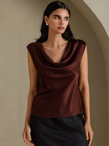 [شوكولاتة داكنة] SilkSilky-SA Cap Sleeve Cowl Neck تي شيرت نسائية 001