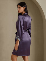 [رمادي أرجواني] SilkSilky-SA 3/4 Sleeve V Neck رداء الحمام وقميص النوم 006