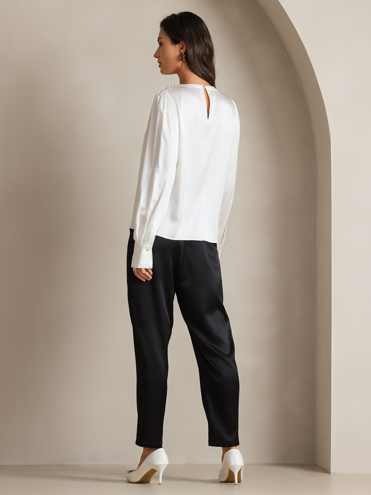 [أبيض] SilkSilky-SA 19Momme الحرير Womens Shirt 002