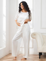 [أبيض] SilkSilky-SA Half Sleeve Round Neck طقم بيجامة نسائي 006
