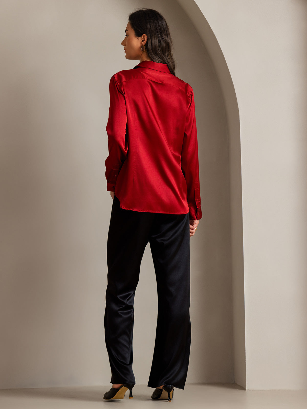 [أحمر] SilkSilky-SA الحرير الأكمام الطويلة الياقة بلايز نسائية 002