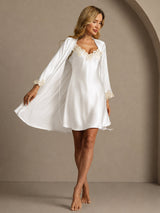 [أبيض] SilkSilky-SA 3/4 Sleeve V Neck رداء الحمام وقميص النوم 006
