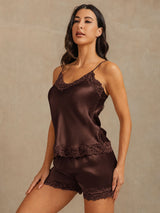 [بني] SilkSilky-SA Sleeveless V Neck مجموعة قميص قصير 001
