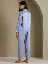 [الأزرق الصلب] SilkSilky-SA Long Sleeve Lapel Collar طقم بيجامة نسائي 002