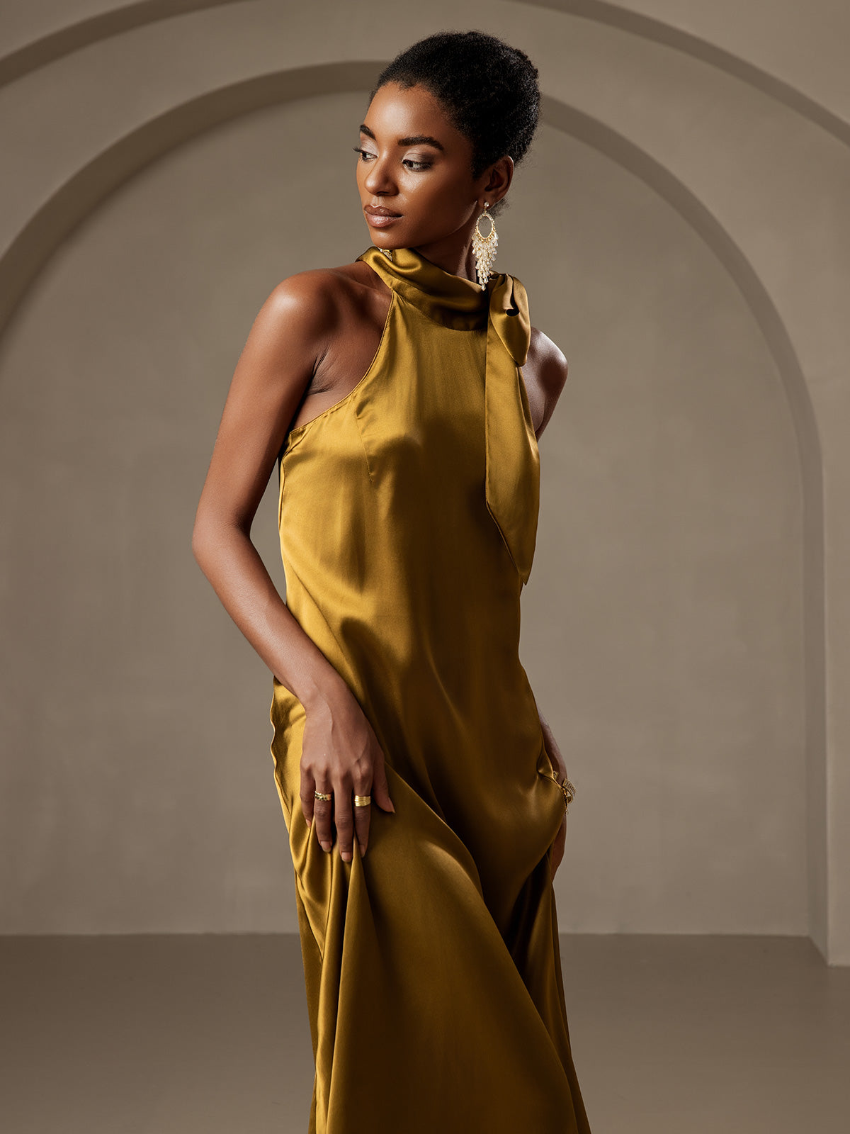 [بني] SilkSilky-SA 19Momme الحرير بدون أكمام تعادل الرقبة فساتين نسائية 007