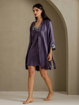 [رمادي أرجواني] SilkSilky-SA 3/4 Sleeve V Neck رداء الحمام وقميص النوم 003