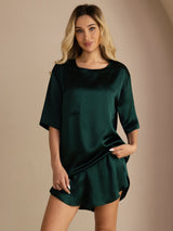 [أخضر غامق] SilkSilky-SA Short Sleeve Round Neck طقم بيجامة نسائي 001
