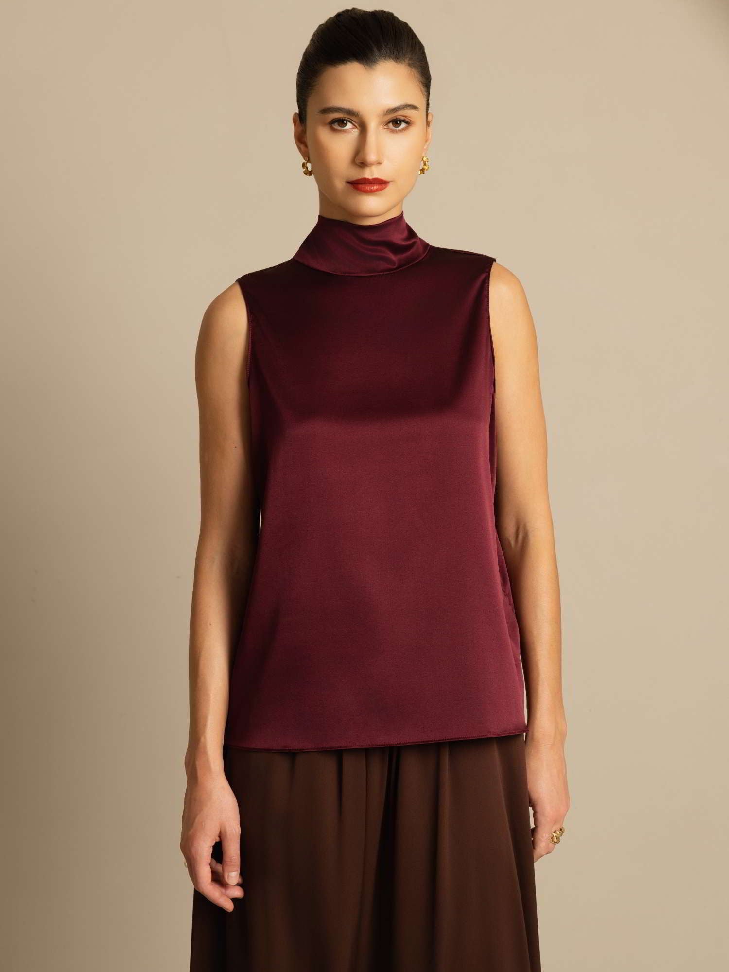 [احمر غامق] SilkSilky-SA 19Momme الحرير تعادل الرقبة بلوزة 003