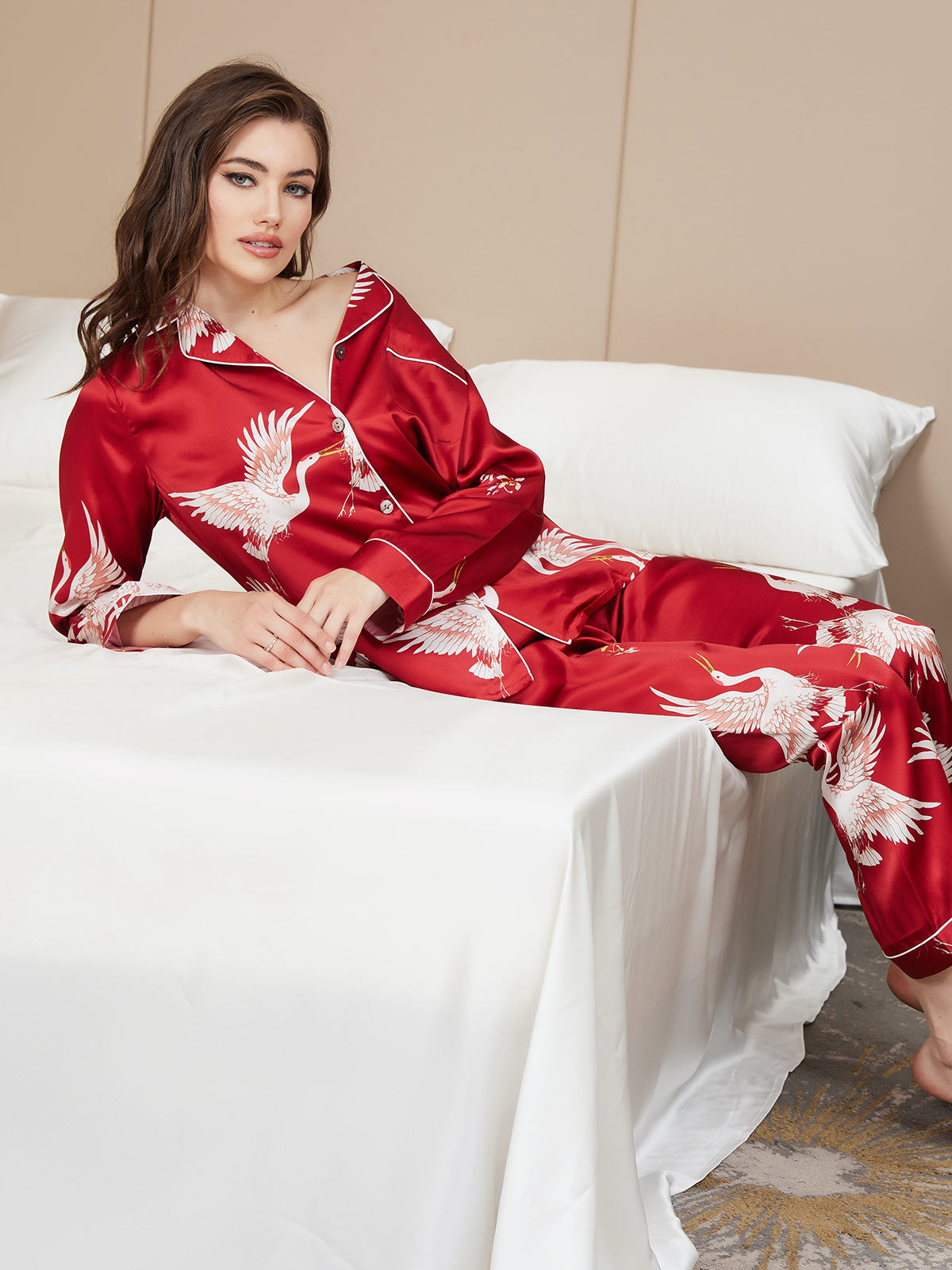 [احمر غامق] SilkSilky-SA 19Momme الحرير الخالص Womens Pajamas 008