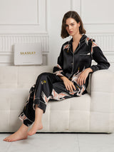 [أسود] SilkSilky-SA Long Sleeve Lapel Collar طقم بيجامة نسائي 005