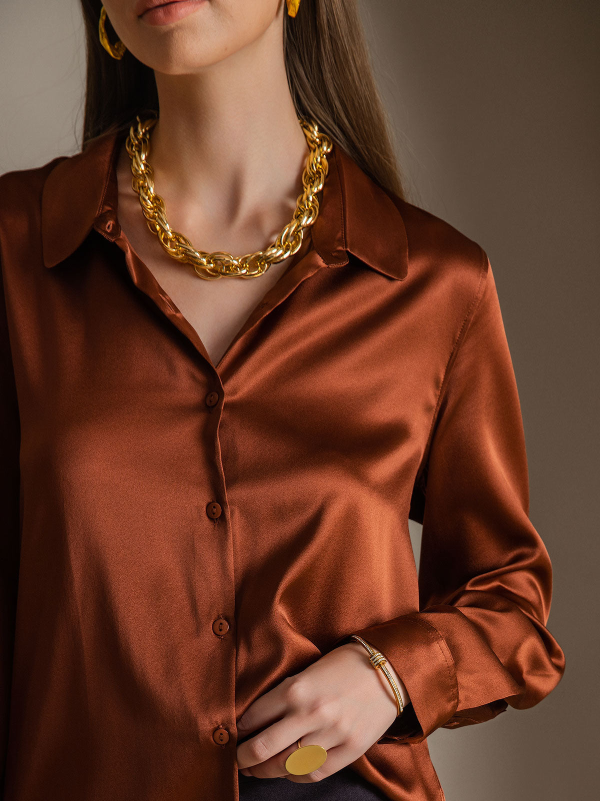 [قهوة] SilkSilky-SA الحرير Lapel Collar بلايز نسائية 006