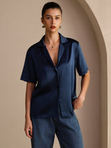 [أزرق غامق] SilkSilky-SA Short Sleeve Notch Collar بلايز نسائية 001