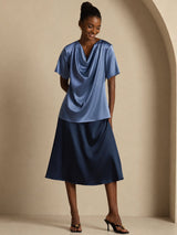 [أزرق بترولي حقيقي] SilkSilky-SA Short Sleeve Cowl Neck بلوزات نسائية 006