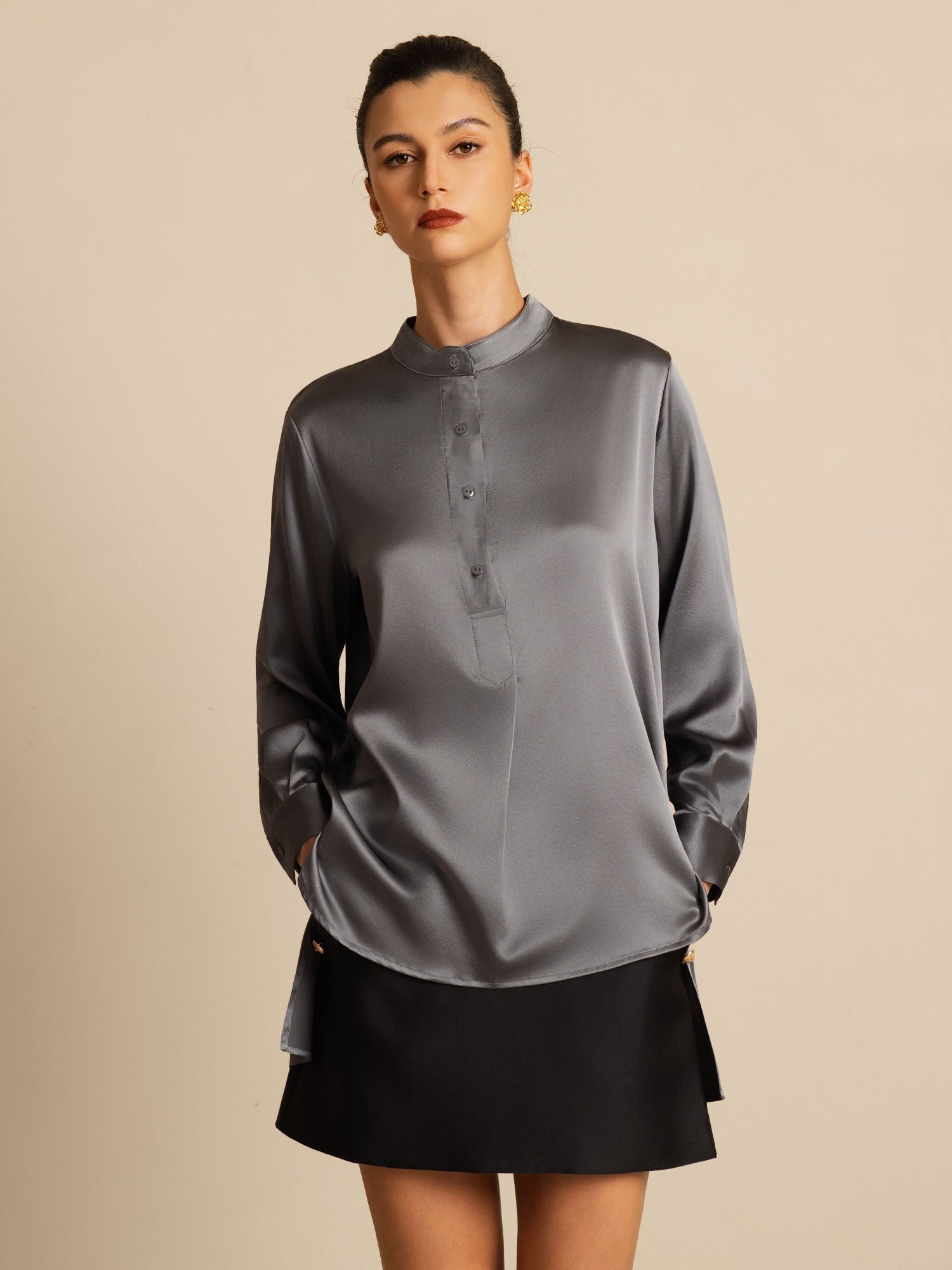 [الرمادي الداكن] SilkSilky-SA 19Momme الحرير الأكمام الطويلة ياقة القاع بلوزة 004