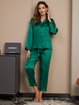 [أخضر] SilkSilky-SA Long Sleeve Lapel Collar طقم بيجامة نسائي 003