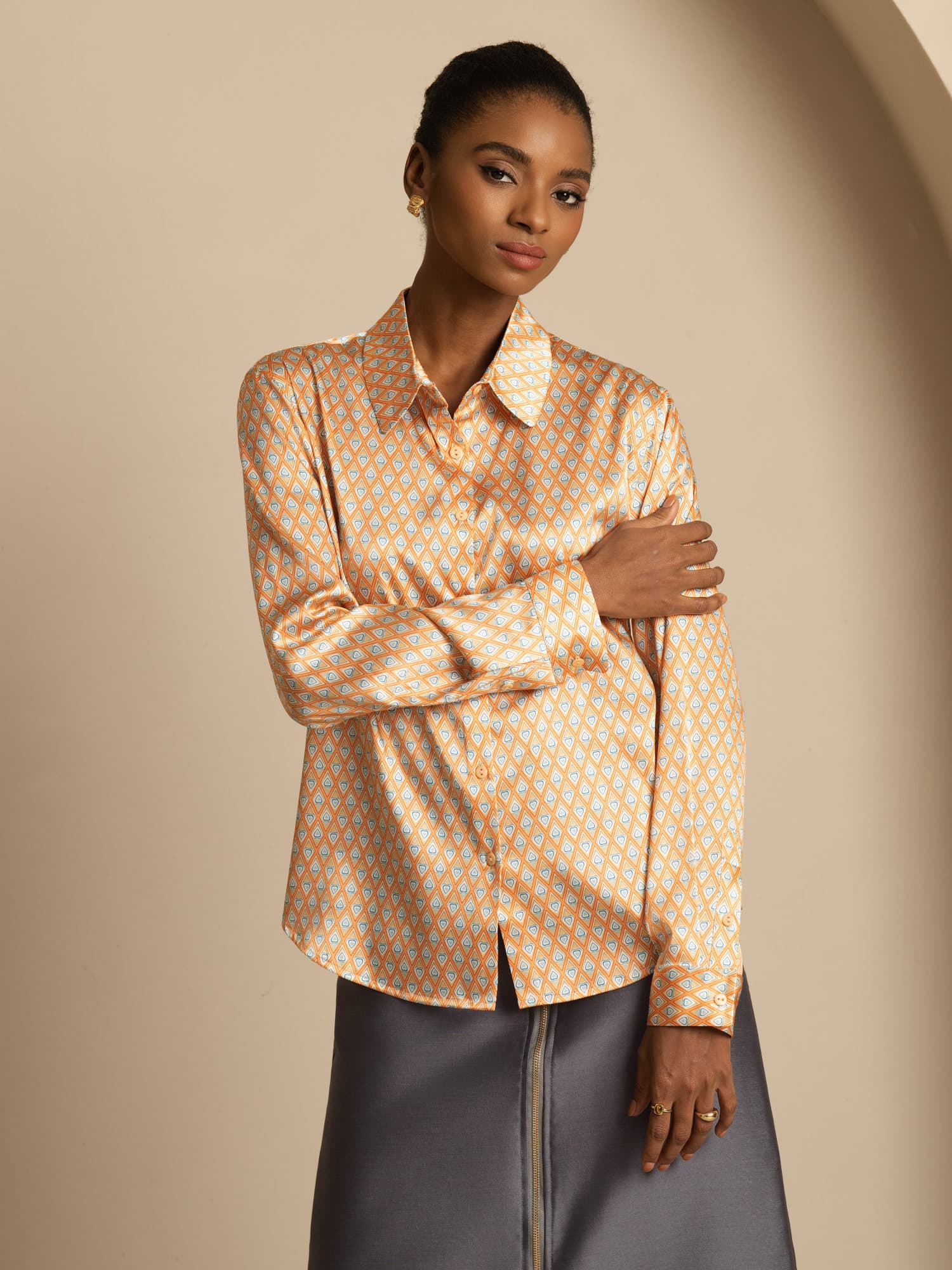 [أنماط زهرية] SilkSilky-SA الحرير الأكمام الطويلة الياقة بلايز نسائية 001