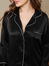 [أسود] SilkSilky-SA Long Sleeve Lapel Collar طقم بيجامة نسائي 007