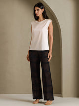 [اللون البيج] SilkSilky-SA Cap Sleeve Round Neck تي شيرت نسائية 007