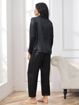 [أسود] SilkSilky-SA Long Sleeve Lapel Collar طقم بيجامة نسائي 002