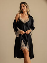 [أسود] SilkSilky-SA 3/4 Sleeve V Neck رداء الحمام وقميص النوم 006