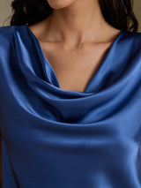 [أزرق بترولي حقيقي] SilkSilky-SA Cap Sleeve Cowl Neck تي شيرت نسائية 004