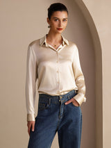 [بيج الأرز] SilkSilky-SA Long Sleeve Lapel Collar بلايز نسائية 005