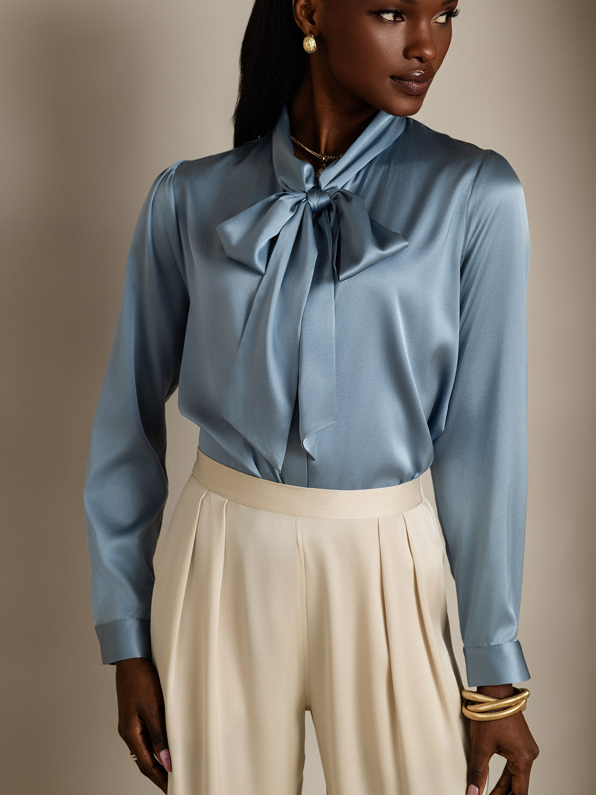 [أزرق رمادي] SilkSilky-SA 19Momme الحرير الأكمام الطويلة Blouse 006