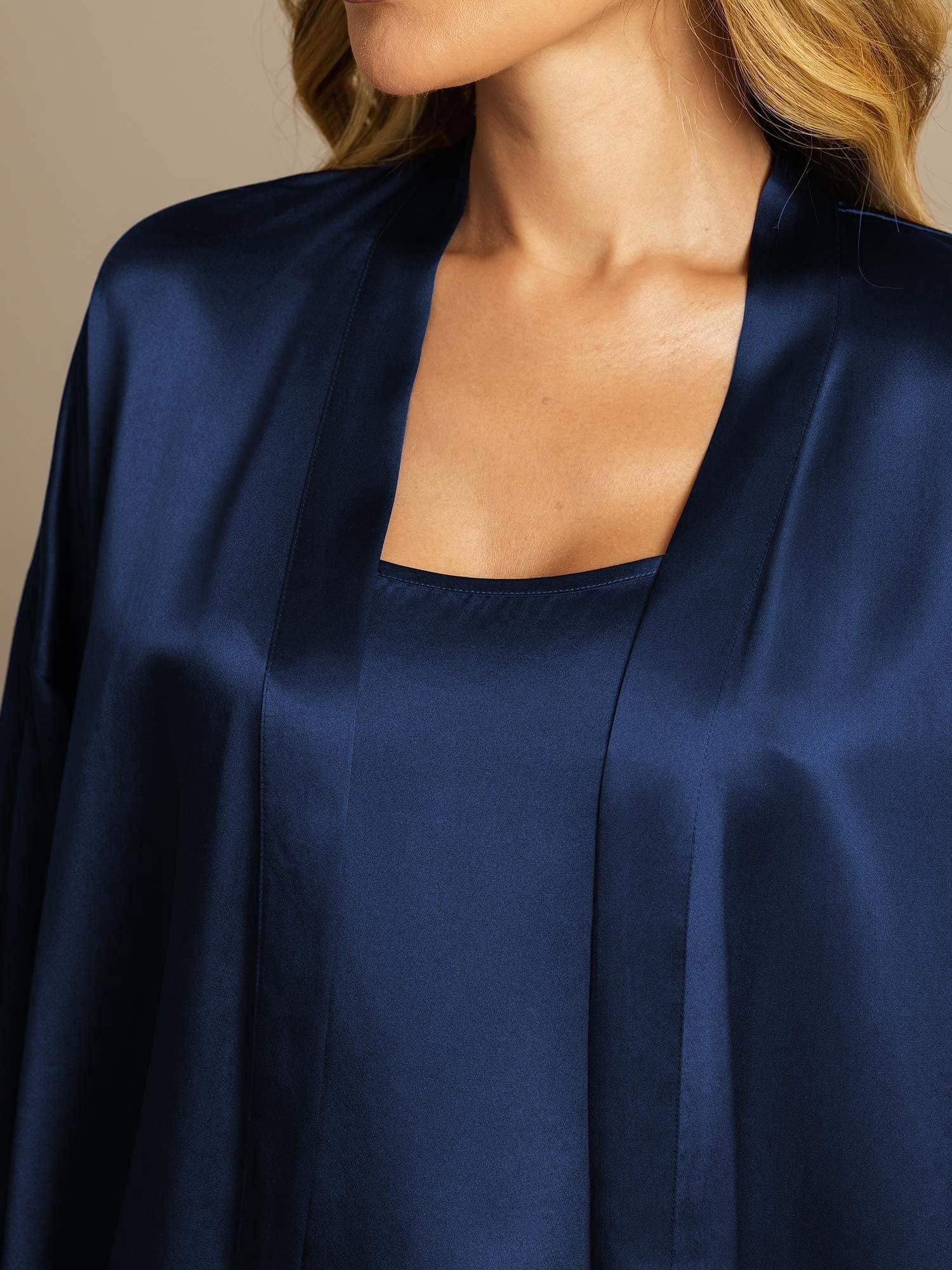 [أزرق غامق] SilkSilky-SA الحرير الخالص Split رداء الحمام وقميص النوم 004,