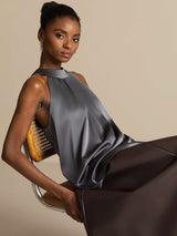 [الرمادي الداكن] SilkSilky-SA Sleeveless Halter تي شيرت نسائية 006