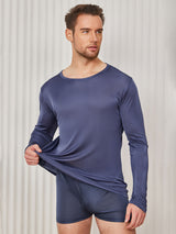 [أزرق غامق] SilkSilky-SA Long Sleeve Round Neck تي شيرت رجالي 001