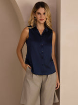 [أزرق غامق] SilkSilky-SA Sleeveless Lapel Collar بلايز نسائية 001