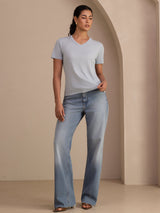 [أزرق رمادي] SilkSilky-SA Short Sleeve V Neck تي شيرت نسائية 007