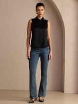 [أسود] SilkSilky-SA Sleeveless Lapel Collar بلايز نسائية 006
