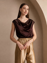 [شوكولاتة داكنة] SilkSilky-SA Cap Sleeve Cowl Neck تي شيرت نسائية 003