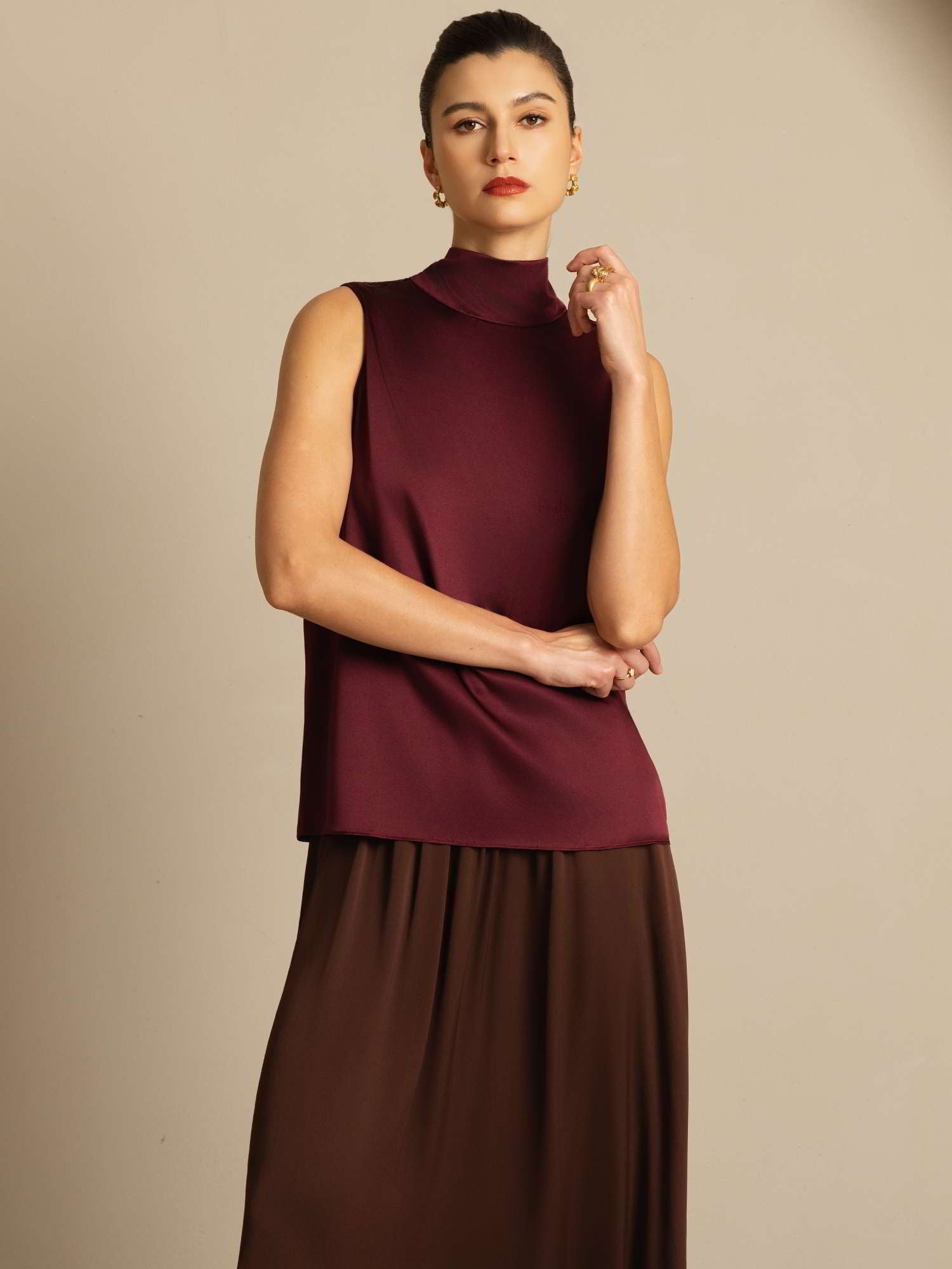 [احمر غامق] SilkSilky-SA 19Momme الحرير تعادل الرقبة بلوزة 007