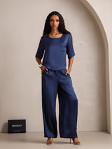 [أزرق غامق] SilkSilky-SA Half Sleeve Round Neck طقم بيجامة نسائي 001