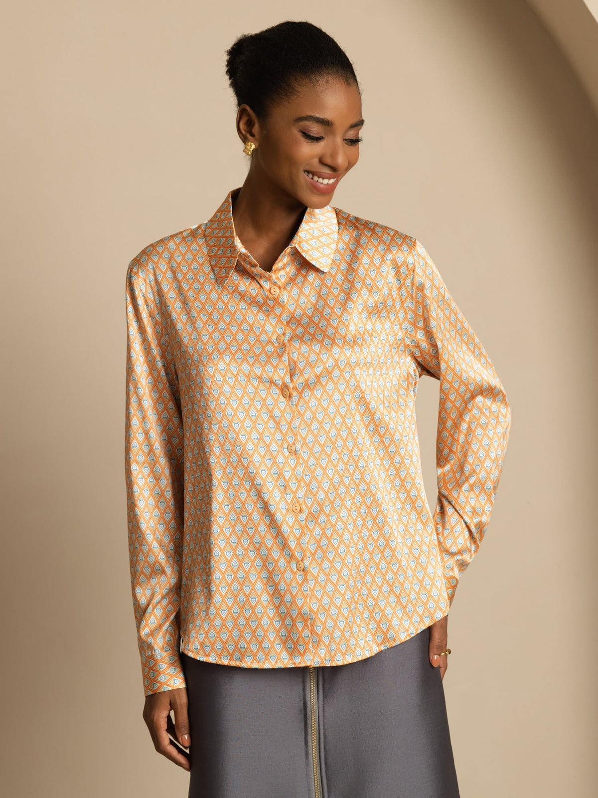 [أنماط زهرية] SilkSilky-SA Long Sleeve Lapel Collar بلايز نسائية 001