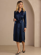 [أزرق غامق] SilkSilky-SA Long Sleeve Lapel Collar فساتين نسائية 007
