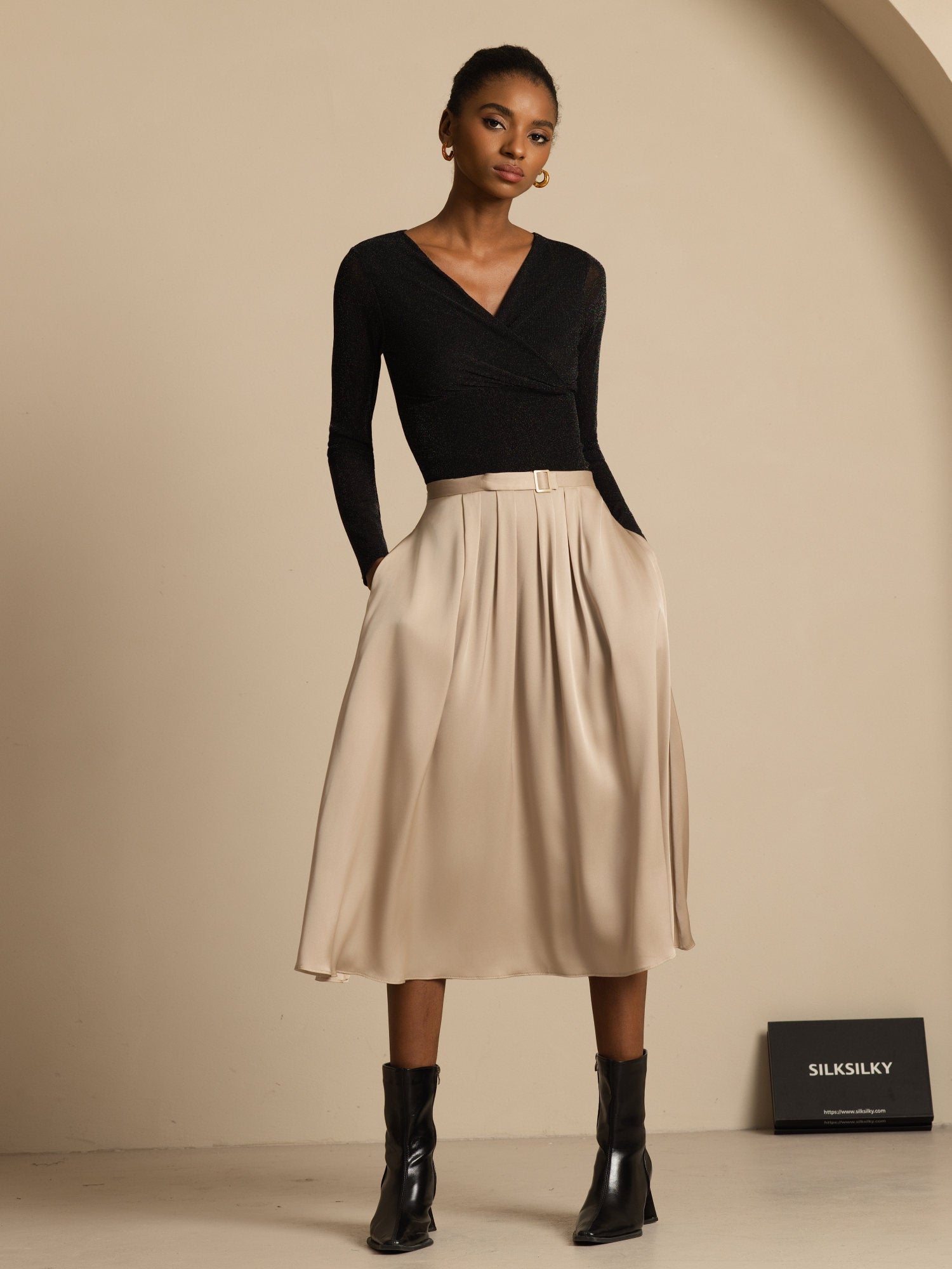 [تان (بني فاتح)] SilkSilky-SA 19Momme الحرير Skirt 005