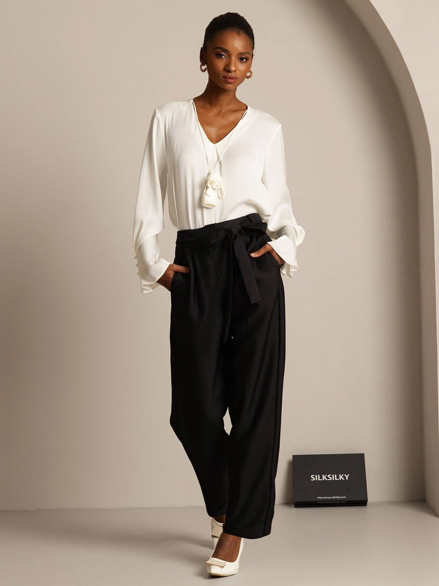 [أسود] SilkSilky-SA 32Momme الحرير Womens Pants 003,