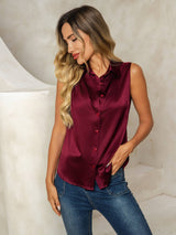 [احمر غامق] SilkSilky-SA Sleeveless Lapel Collar بلايز نسائية 005