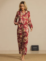 [تنين بلون النبيذ] SilkSilky-SA Long Sleeve Lapel Collar طقم بيجامة نسائي 007