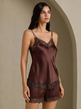 [بني] SilkSilky-SA Sleeveless V Neck مجموعة قميص قصير 001