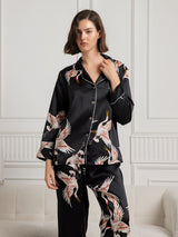 [أسود] SilkSilky-SA Long Sleeve Lapel Collar طقم بيجامة نسائي 003