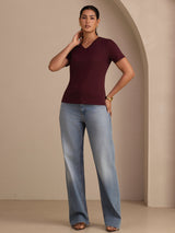 [خمر] SilkSilky-SA Short Sleeve V Neck تي شيرت نسائية 006