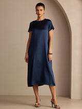 [أزرق غامق] SilkSilky-SA Short Sleeve Round Neck فساتين نسائية 001